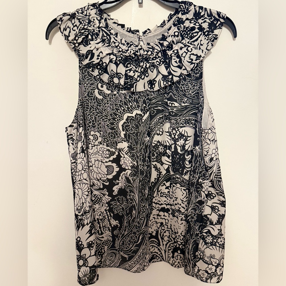 Club Monaco SILK Black and Cream Floral Blouse